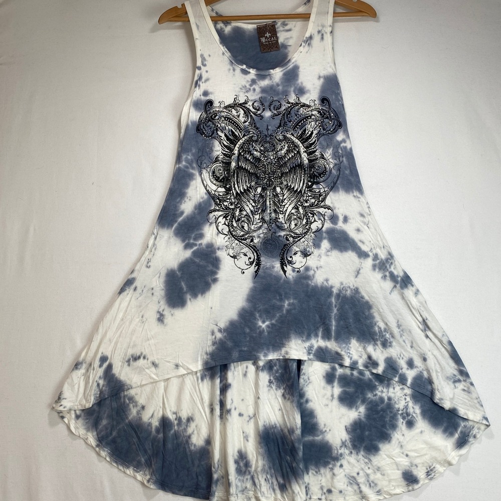 Vocal Blue Tie Dye Rhinestone Eagle Graphic High-Low Tank Top Small 13266T